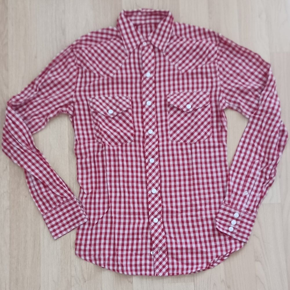 Red & White Plaid Long Sleeve Pearl Snap Cowgirl Shirt M